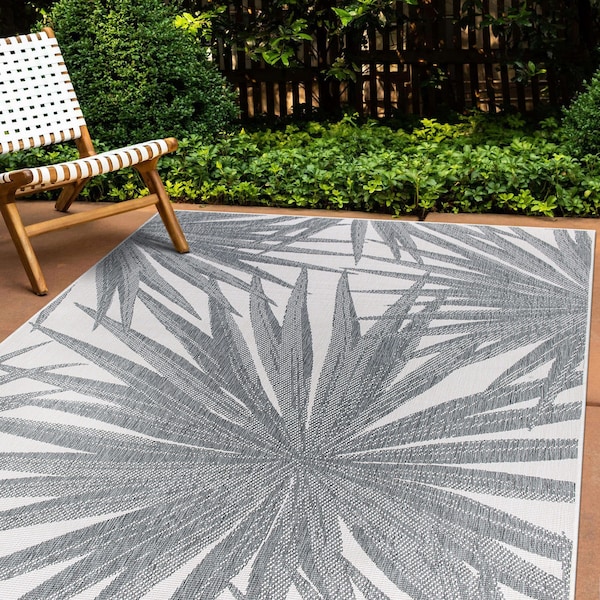 World Rug Gallery Tropical Leaves Nature Inspired Indoor/Outdoor Area Rug 5' x 7' Gray 4030GRAY5X7 - main